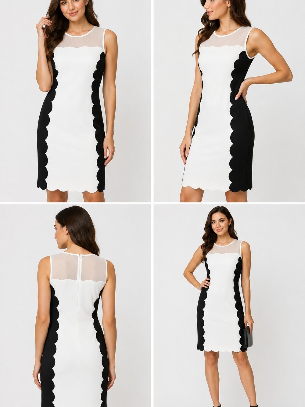 Nicole Miller New York Scallop Trim Sheath Dress White Black Mesh Yoke Sleeveles